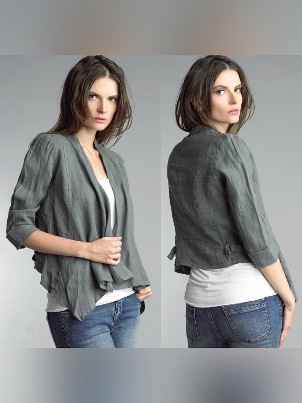 Tempo Paris Olive Green 100% Linen Draped Waterfall Jacket Size S/M lagenlook